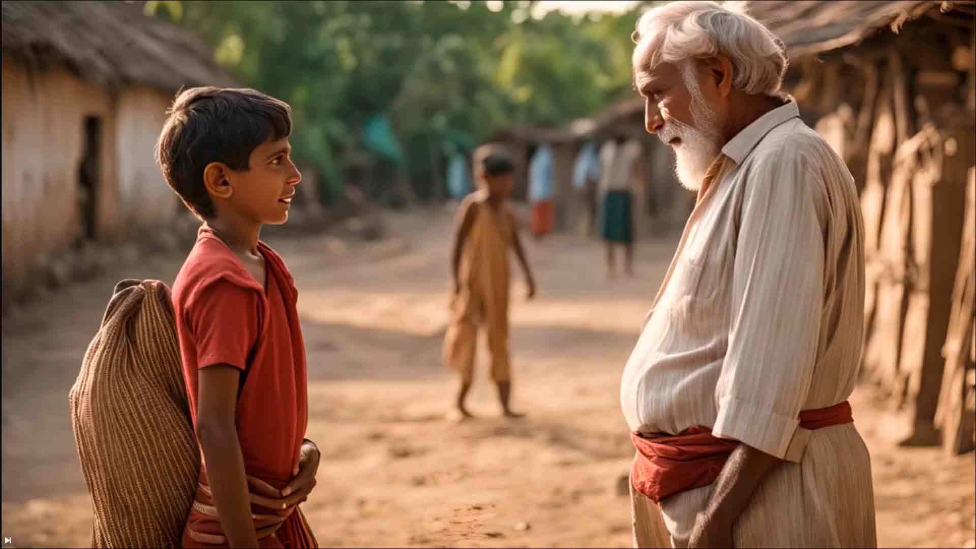 Señor y niño hablando en un pueblo de la India